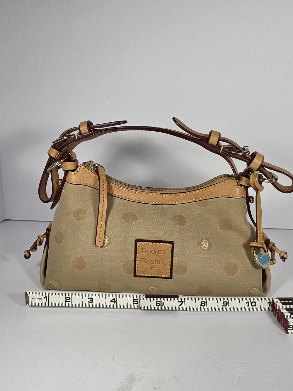Vintage Dooney & Bourke Y2K DB Monogram Hobo Bag Tan Canvas Blue Duck Charm